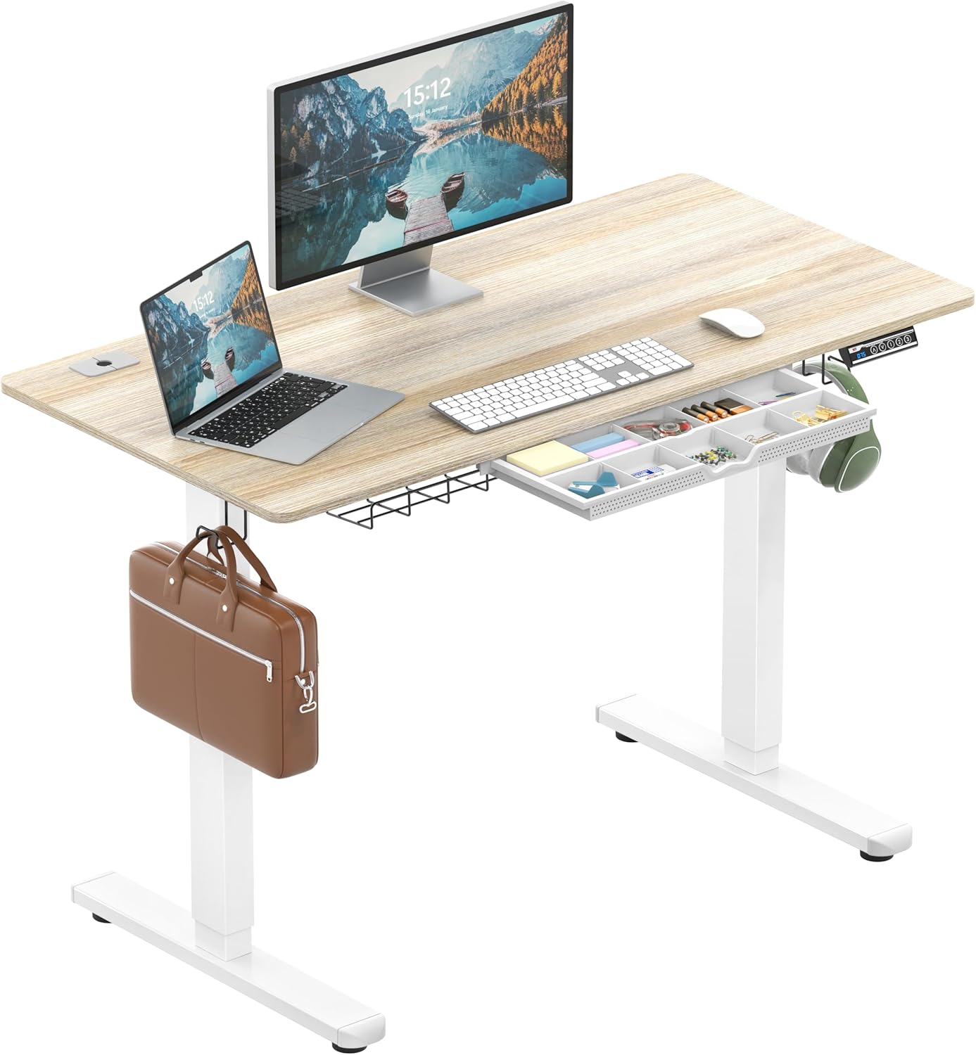 SHW 55 x 28 Inches Electric Height Adjustable Standing Desk with Drawer and Memory Preset, Maple