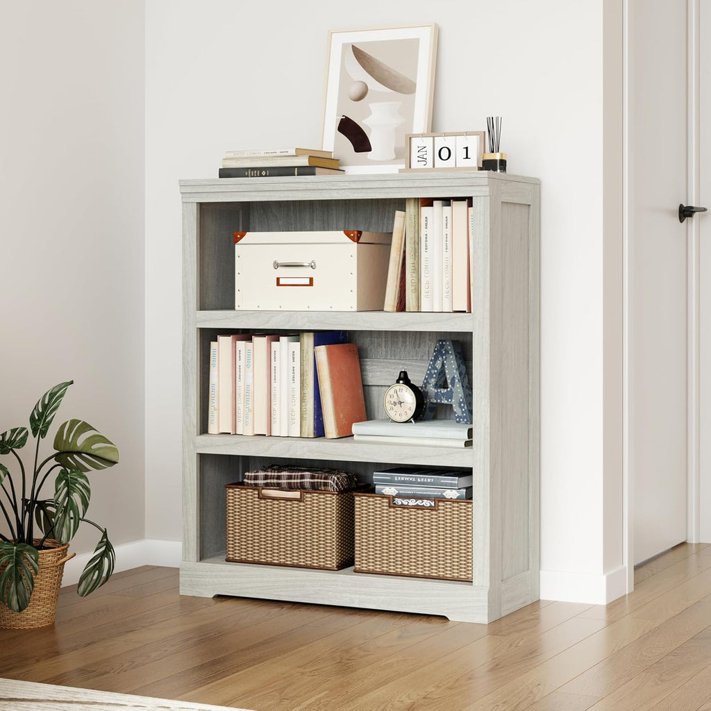 LINSY HOME 3-Tier Bookcase, Small Bookshelf Wood Display Storage Shelves Farmhouse Bookshelf for Home Office, Living Room, Bed Room - White Oak