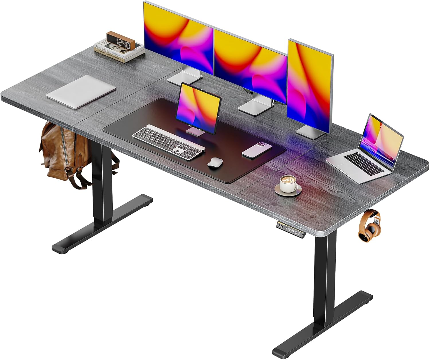 Huuger 63 x 28 Large Electric Standing Desk, Height Adjustable Computer Desk, 27.6" Deep Desktop, Stand up Gaming Office Table with 2 Hooks, 3 Preset Heights, for Home Office, Black