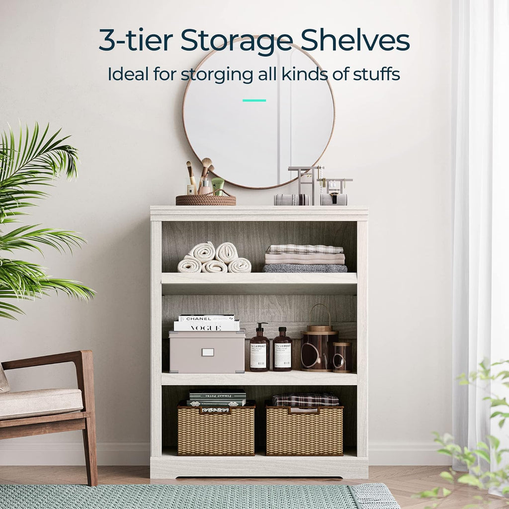 LINSY HOME 3-Tier Bookcase, Small Bookshelf Wood Display Storage Shelves Farmhouse Bookshelf for Home Office, Living Room, Bed Room - White Oak
