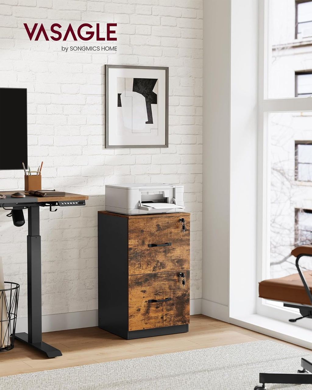 VASAGLE 2 Drawers File Cabinet with Lock, Printer Stand, Office Filing Cabinet Organizer, for A4 and Letter Size Documents, Rustic Brown and Ink Black UOFC061B01