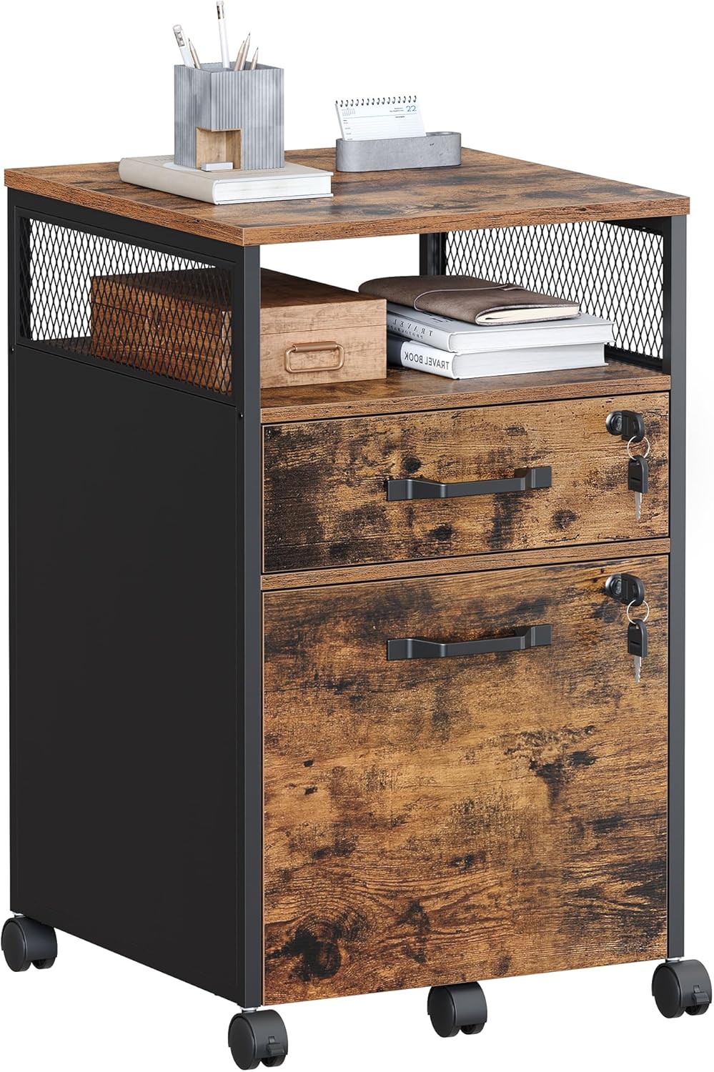 VASAGLE File Cabinet, Mobile Filing Cabinet with Wheels, 2 Lockable Drawers, Open Shelf, for A4, Letter Size, Hanging File Folders, Ink Black UOFC077B16