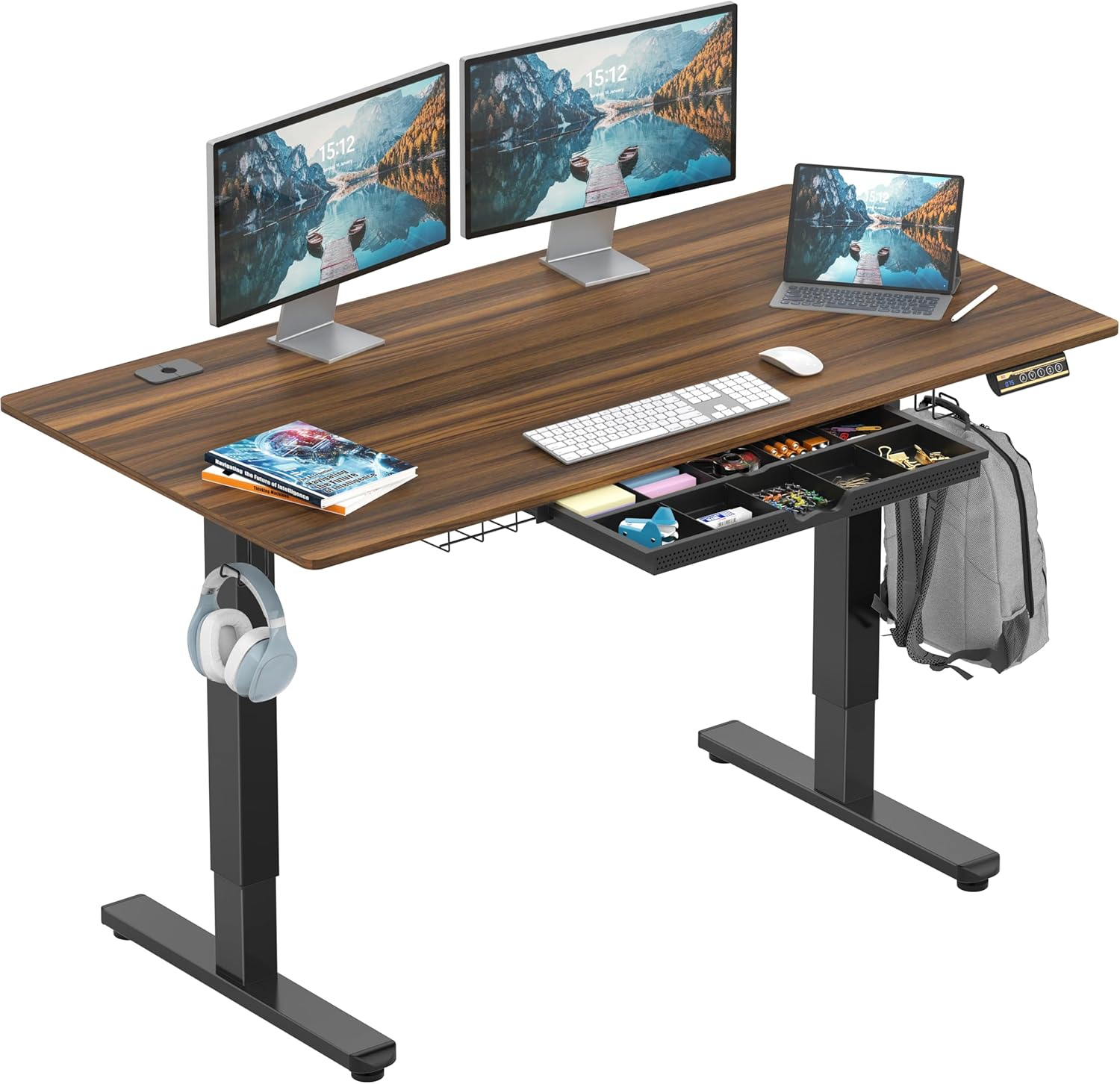 SHW 55 x 28 Inches Electric Height Adjustable Standing Desk with Drawer and Memory Preset, Maple