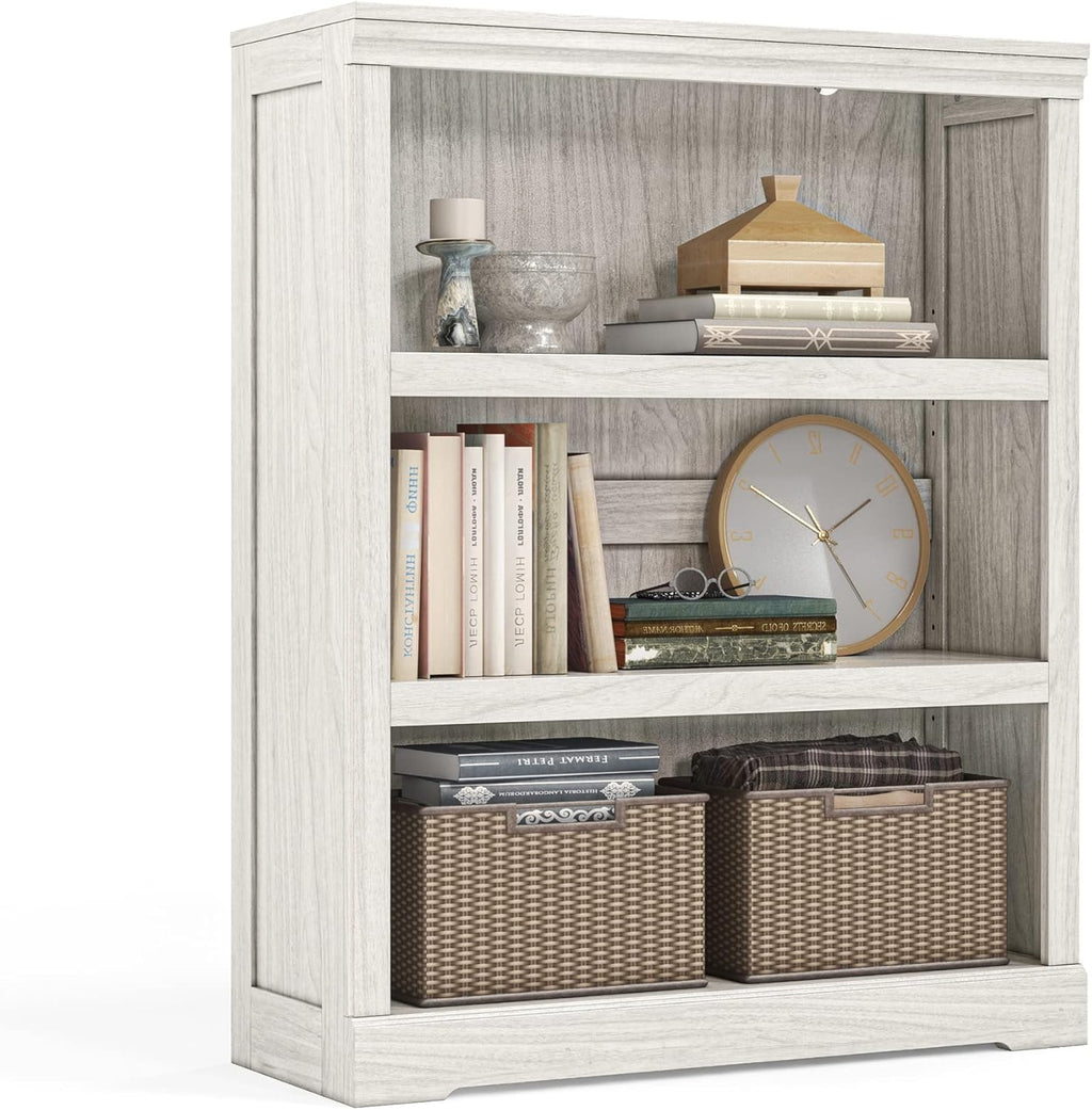 LINSY HOME 3-Tier Bookcase, Small Bookshelf Wood Display Storage Shelves Farmhouse Bookshelf for Home Office, Living Room, Bed Room - White Oak