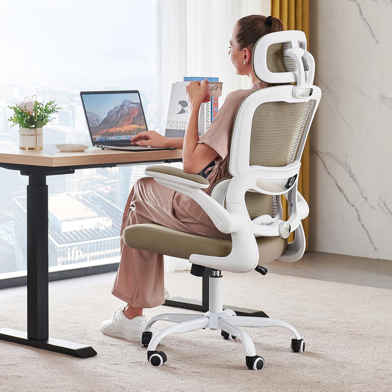TRALT Office Chair Ergonomic Desk Chair, 330 LBS Home Mesh Office Desk Chairs with Wheels, Comfortable Gaming Chair, High Back Office Chair for Long Hours (White)