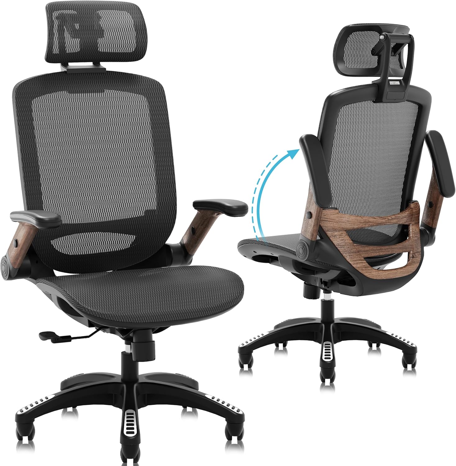 GABRYLLY Ergonomic Office Chair, High Back Home Desk Chair with Headrest, Flip-Up Arms, 90-120° Tilt Lock and Wide Cushion, Big and Tall Mesh Chairs for Man Woman, Black Task Chair