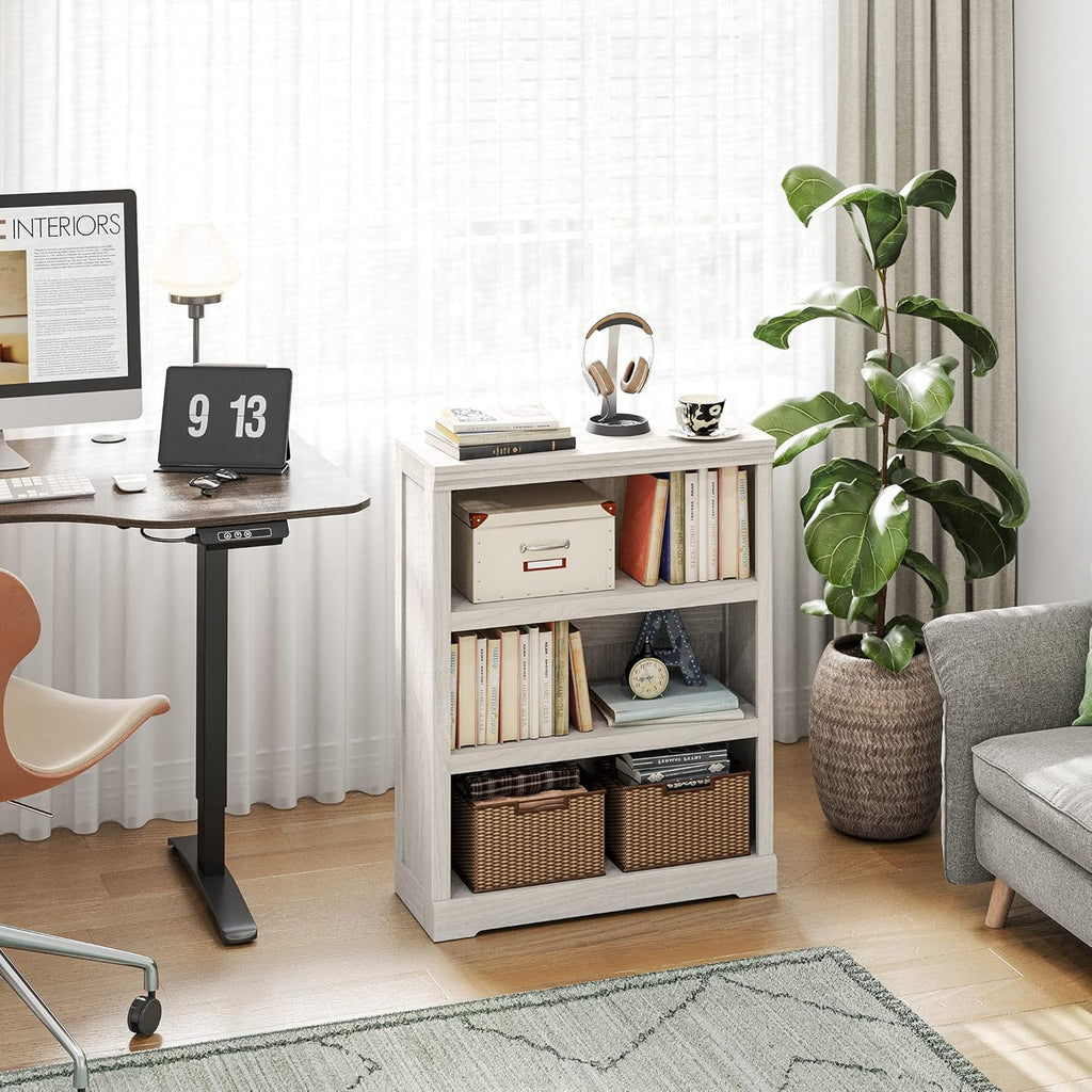 LINSY HOME 3-Tier Bookcase, Small Bookshelf Wood Display Storage Shelves Farmhouse Bookshelf for Home Office, Living Room, Bed Room - White Oak